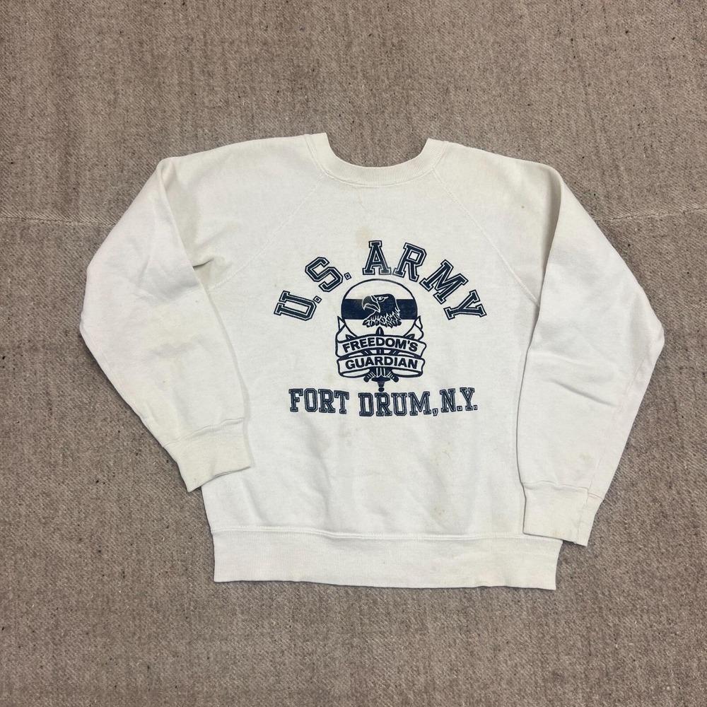Vintage US Army Sweatshirt Mens Small White 1970s Fort Drum New York